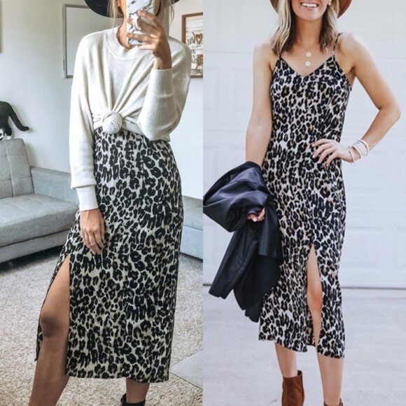 BP Nordstrom Leopard Midi Slip Dress M Side Slit Animal Print Y2K Retro Chic - Picture 4 of 12